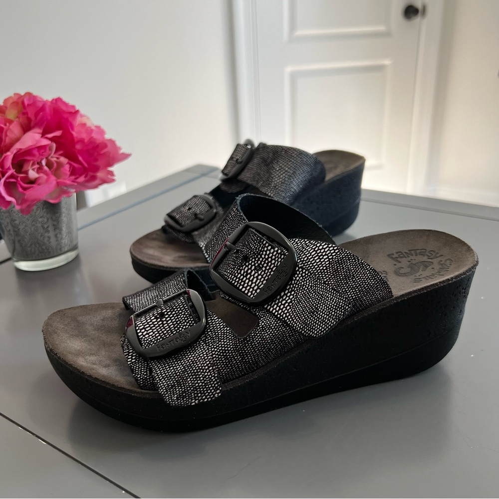 Fantasy Sandals Leather Two Buckle Black and Silver Wedge Sandals - Picture 2 of 9
